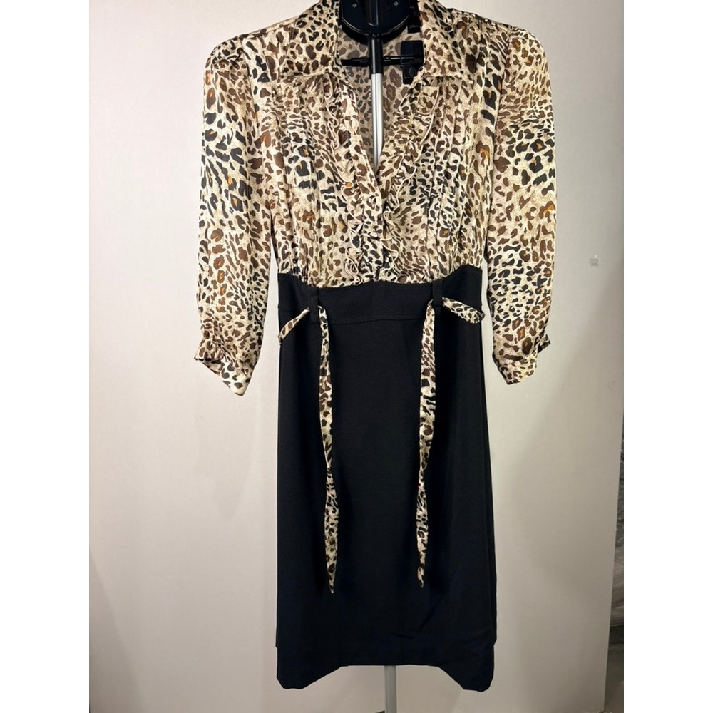 Essentials by Milano Leopard Print Mixed Media Sheath Dress Black Tan Size 10